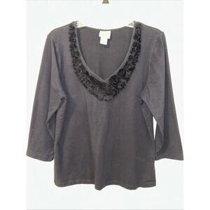 Ruby Rd Womens Large Black V Neck Rose Details Witchy Whimsigoth Dark Fairy